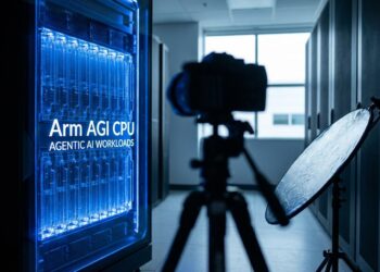 Futuristic data center rack glowing with blue energy, packed with high-density Arm AGI CPUs powering agentic AI workloads.