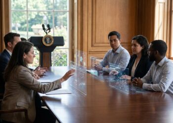 Group of diverse tech executives in a modern White House briefing room discussing AI strategies around a conference table with holographic displays.