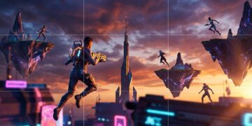 A dramatic scene of a futuristic Fortnite battlefield at dusk with players leaping between floating islands under a vibrant sky.