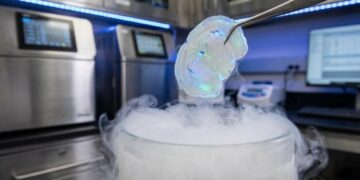 Photorealistic image of a glowing mouse brain slice emerging from liquid nitrogen mist in a high-tech lab under blue cryogenic lights