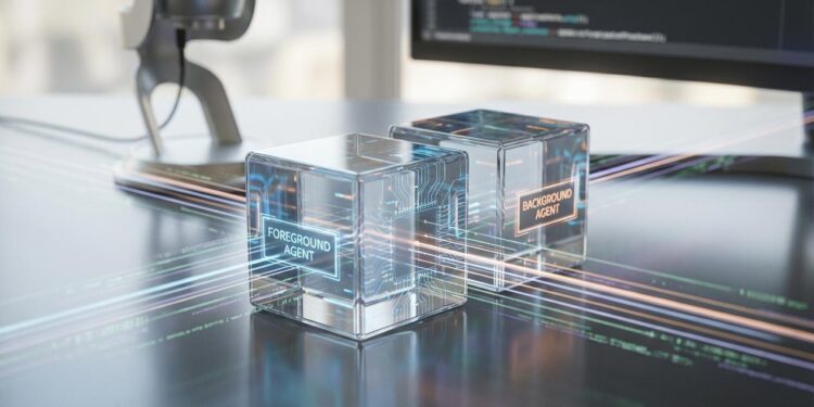 Abstract visualization of dual-agent architecture with parallel background and foreground processes in a voice AI system pipeline