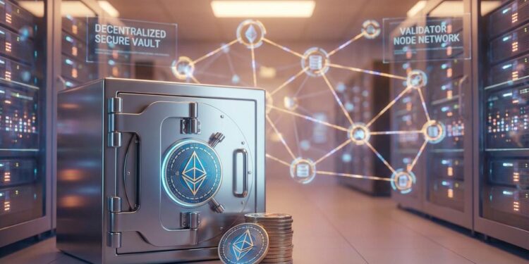 Photorealistic image of a futuristic digital vault with glowing Ethereum logos and stacked ETH coins being secured by validator nodes in a decentralized network.