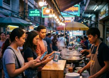 Vibrant Southeast Asian street market scene with diverse people using mobile phones for contactless payments at food stalls under neon lights.