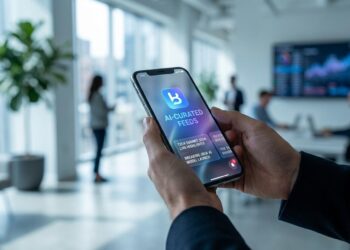 Sleek mobile interface of Bluesky app displaying glowing AI-curated feeds with real-time notifications and live event highlights in a vibrant digital environment.