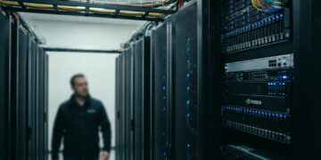 Advanced GPU data center with rows of Nvidia processors and networking infrastructure illuminated by blue LED lights, representing enterprise AI computing infrastructure.