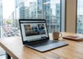 Sleek silver MacBook Air M5 open on a modern wooden desk with blurred cityscape background emphasizing portability