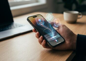 Futuristic iPhone screen displaying Siri interface with multiple AI model icons like Gemini, ChatGPT, and Claude glowing in a dynamic holographic display.