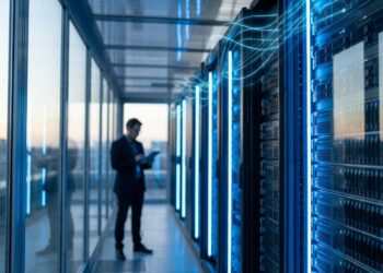 Futuristic data center with glowing AI servers and efficient energy flow visualization in blue tones