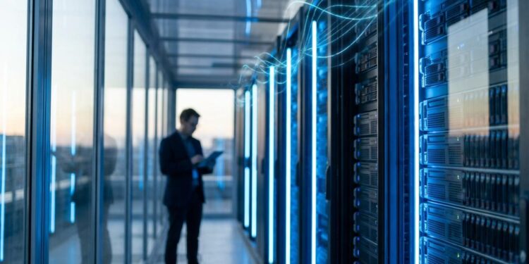 Futuristic data center with glowing AI servers and efficient energy flow visualization in blue tones