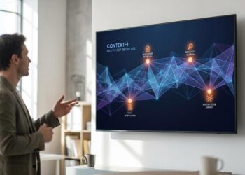 A digital illustration showing an interconnected network of documents and search pathways, with glowing nodes representing the four search tools Context-1 uses for multi-hop retrieval.