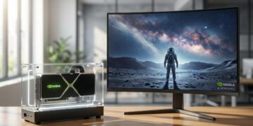 Futuristic NVIDIA GPU rendering photorealistic game scene with AI-enhanced lighting and characters in a cosmic Starfield-like environment