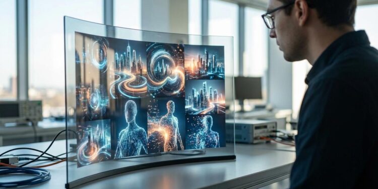 Futuristic digital interface displaying swirling AI-generated video clips of abstract cityscapes and characters morphing seamlessly in a high-tech lab environment.