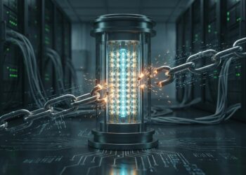 Futuristic quantum computer with glowing qubits breaking through chains symbolizing shattered encryption in a dark digital landscape