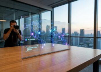 Futuristic digital rendering of Solana blockchain network with glowing purple nodes connecting globally representing high-speed transactions and price growth potential.