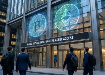 Modern bank building exterior with digital holographic Bitcoin and Ethereum symbols overlayed, representing regulated crypto access for retail investors.
