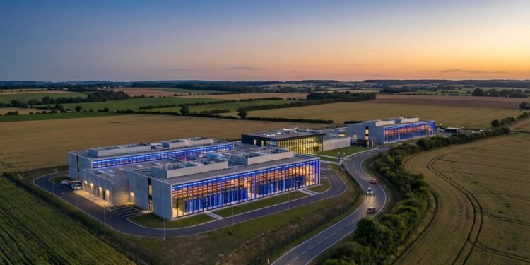 Aerial view of a modern data center campus near Paris at dusk with glowing server lights and surrounding green fields under a clear sky.