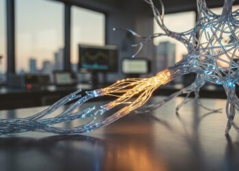 Futuristic neural network with glowing self-healing pathways repairing broken connections in real time