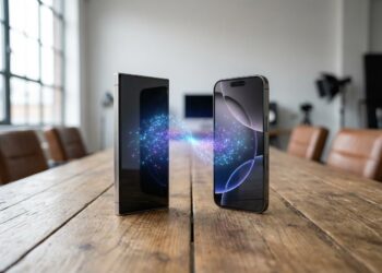 Photorealistic image of a Samsung Galaxy S26 Ultra and iPhone 17 Pro Max side-by-side on a wooden table, with a glowing wireless file transfer animation connecting them seamlessly.