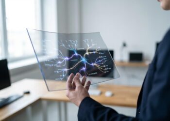 Futuristic digital interface showing evolving AI agent networks with glowing mutation paths and self-correcting nodes in a dynamic neural landscape