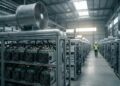 A large industrial Bitcoin mining facility with rows of ASIC mining hardware and cooling equipment, showing the scale of modern cryptocurrency mining operations in 2026.