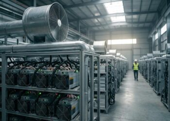A large industrial Bitcoin mining facility with rows of ASIC mining hardware and cooling equipment, showing the scale of modern cryptocurrency mining operations in 2026.