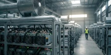 A large industrial Bitcoin mining facility with rows of ASIC mining hardware and cooling equipment, showing the scale of modern cryptocurrency mining operations in 2026.